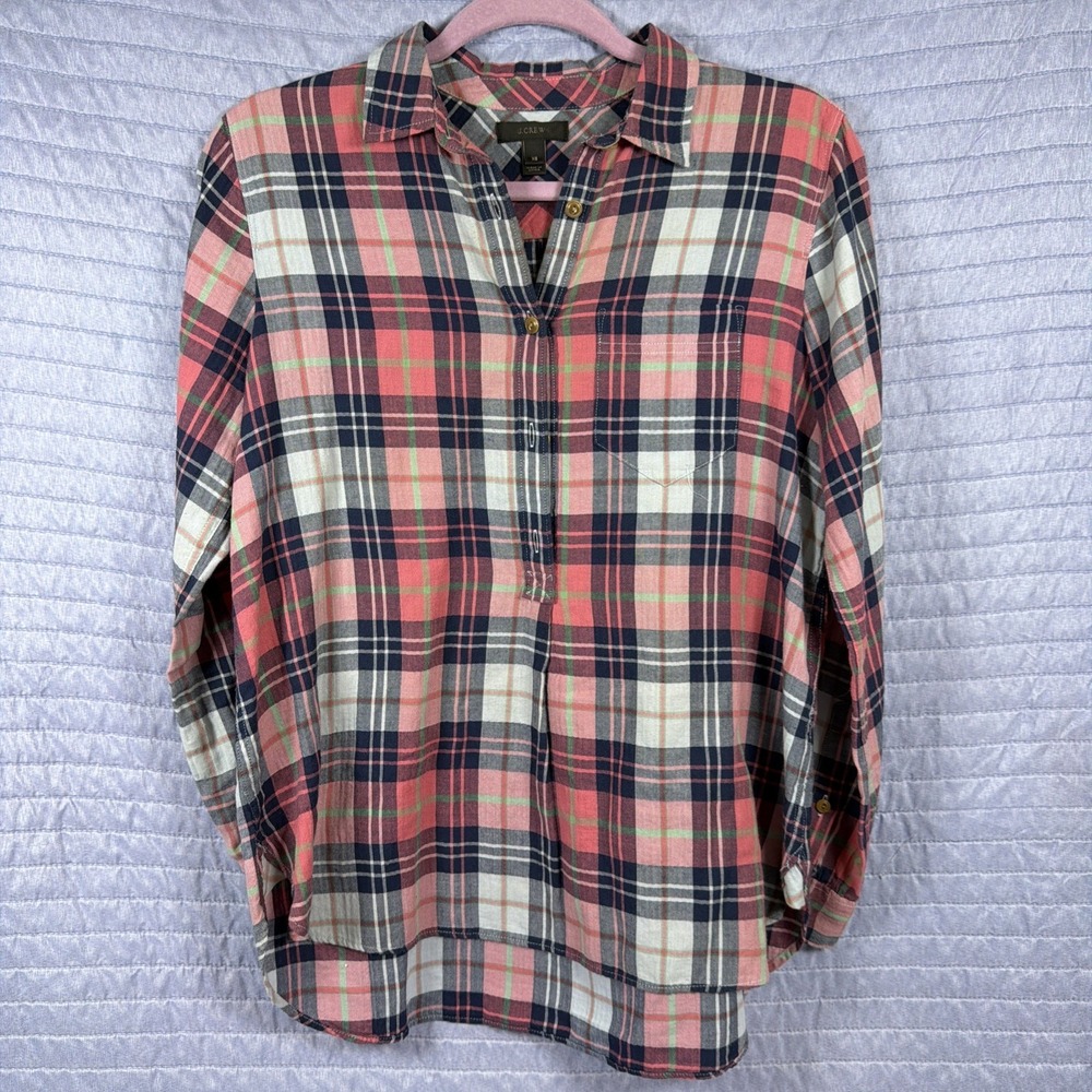 J.Crew‎ Popover Shirt Women's XS Pink Plaid Lightweight Button Front Blouse